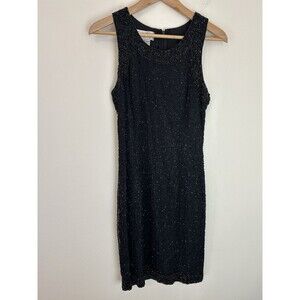 Lawrence Kazar Beaded Dress SZ S Black Sleeveless Formal Party Knee Length Silk